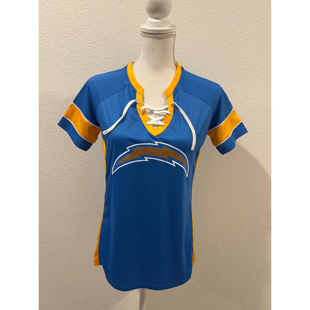 NFL Team Apparel LA Chargers Womens Small Blue Lace Up V-Neck Jersey Shirt Logo